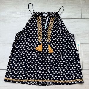 THML Navy Blue Women’s Small Silvano Embroidered Yellow Boho Tank Top Tassels